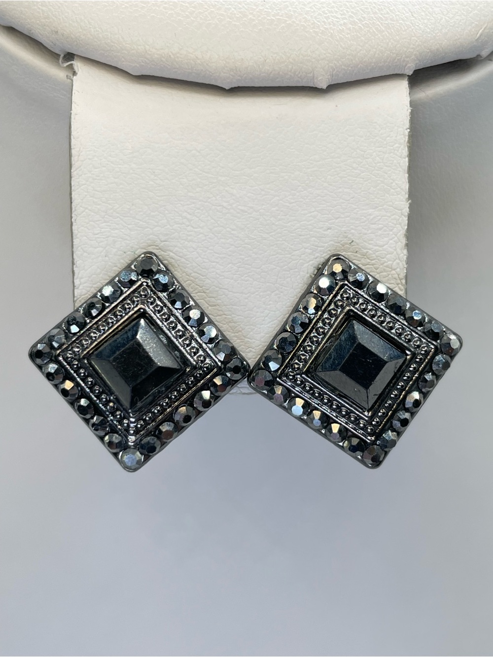 Gunmetal Crystal Glass Square Stud Earrings Geometric Art Deco Glam